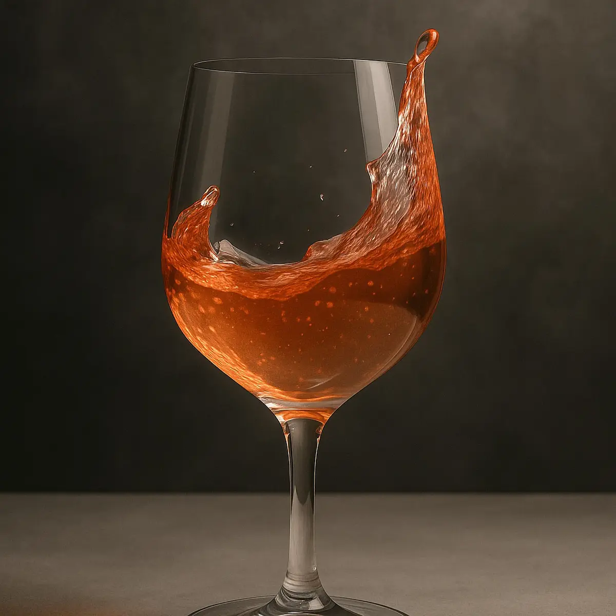 Copa de vino rosado en movimiento